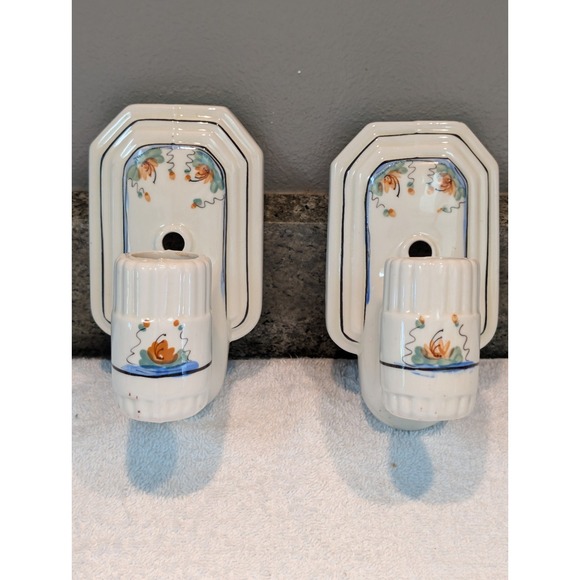 Antique Other - Vintage Porcelain Sconce Light Pair Flower Ceramic Wall Fixture Art Deco 1930